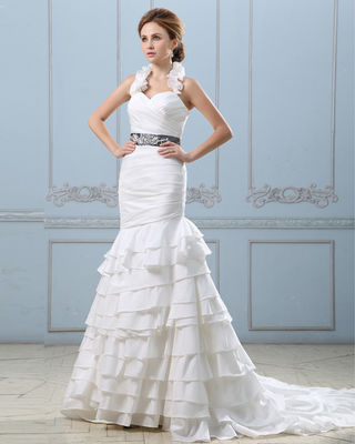 Σεξουαλικό ανοιχτό πίσω στρώσεις νυφικό φόρεμα με ζώνη, πέσει μέση γυναικεία νυφικά νυφικά