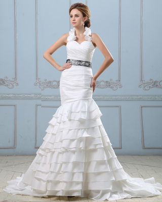 Σεξουαλικό ανοιχτό πίσω στρώσεις νυφικό φόρεμα με ζώνη, πέσει μέση γυναικεία νυφικά νυφικά